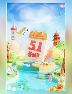 五一劳动节3D立体旅游出游度假场景