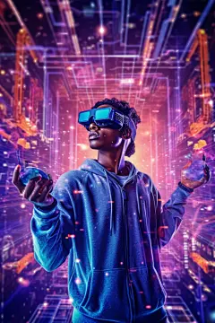虚拟空间赛博朋克几何VR眼镜人物插画图片