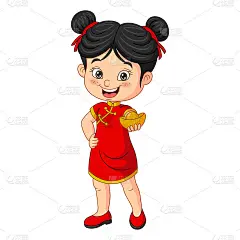 拿着中国金元宝的卡通女孩