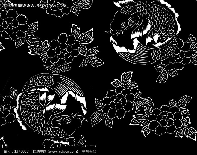 黑色背景上的牡丹和鲤鱼图案_花纹花边图片
