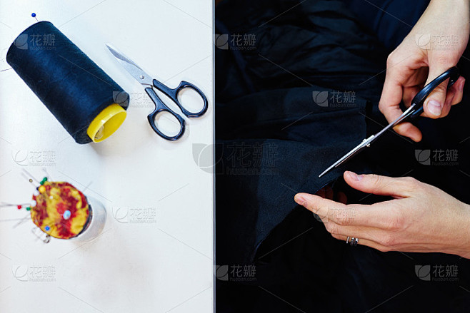 裁缝的工作场所。裁缝用剪刀裁剪服装细节，裁缝店，裁剪，特写。