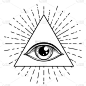 黑色纹身闪光。上帝的眼睛。共济会的象征都能看到三角形金字塔里面的眼睛。新的世界秩序。神圣的几何，宗教