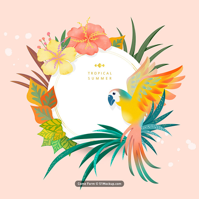热带植物 花卉 鹦鹉 夏日主题插画设计P...