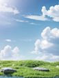 A circular hillside under the blue sky, with a yellow flower at the top, swaying in the wind, the wind blowing the grass, natural light, 3D rendering scene, small grass and small flowers, bright colors, high brightness