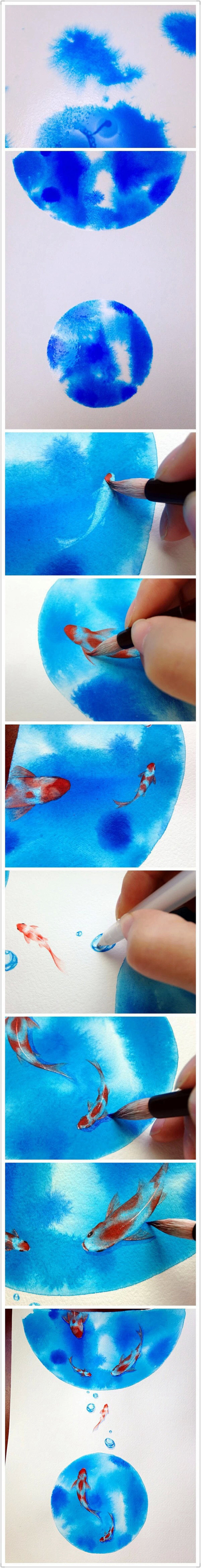 【绘画教程】美呆了的水彩鱼 晕染 蓝色 ...