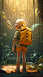 In the jungle, the sun is shining, a cute little girl smiles, yellow hair, with a backpack, happy, happy, Bottom view, clay style, 3D art, c4d, octane render, ray tracing, popmart blind box, clay material, Pixar trend, animation lighting, depth of field, 