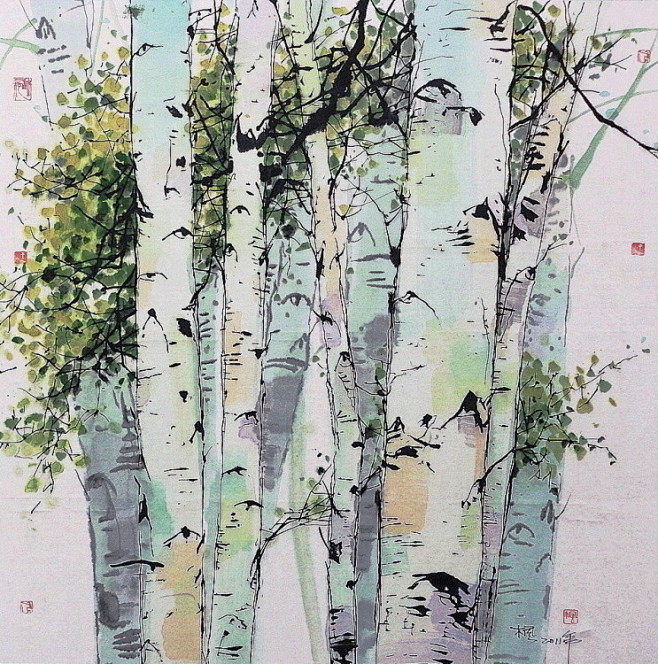 白桦树之恋 - 汪钰元彩墨作品欣赏