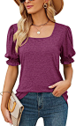 LUYAA Womens Summer Shirt Square Neck Ruffle Casual Tshirts Puff Sleeve Tunic Tops for Women Tunic Tops Fuchsia XL at Amazon Women’s Clothing store