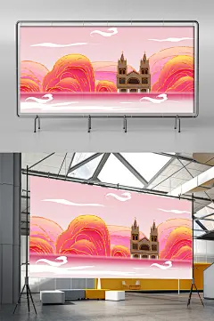 国潮鎏金广东南关天主教堂地标建筑插画_5661425175