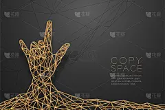 我爱你手手语形状前视图线框多边形金色框架结构，情人节概念设计插图孤立在黑色渐变背景与复制空间，矢量e