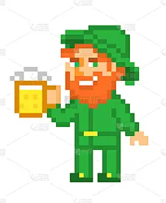Leprechaun with a mug of beer, pixel art isolated 