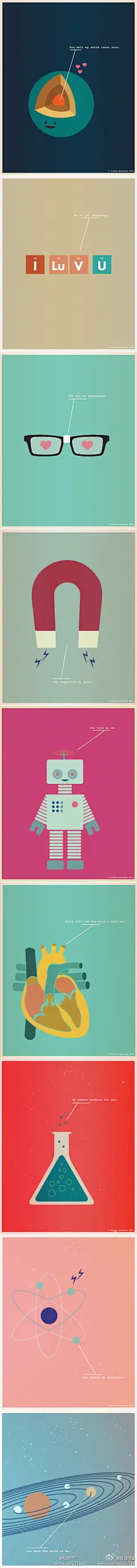 【推荐：超级geek的表白式】来自Nicole Martinez的插画作品！怪胎的表白显得格外有趣味！瞧瞧大帅的这种配色、这种构思、这种排版、这种创意、这种设计，每一款海报都是一个绝佳的配色方案，热爱PPT创作的童鞋们，对此图，你心动了吗？