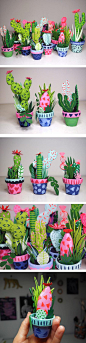 Illustrator Kim Sielbeck uses paper, polymer clay, and more to construct tiny cacti you can hold in the palm of your hand. File under: do want!: 