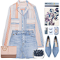 A fashion look from April 2017 featuring vertical stripe shirts, denim skirt and short heel shoes. Browse and shop related looks.