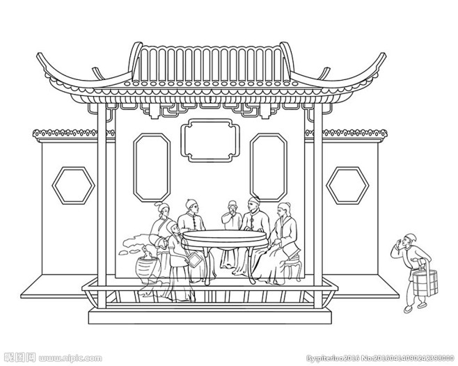 古代人物聚餐房子线描勾线