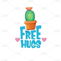 free hugs text and cartoon green cactus in pot