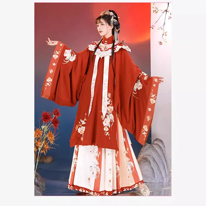 秋冬季新款婉清柔汉服女中国风拜年明制立领长衫云肩全套喜庆婚服-花瓣网