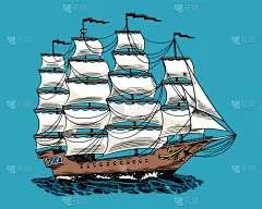 帆船在海里,夏天探险,积极休假.蓝色背景的航海船、海船或海运大篷车。海洋中的水运。雕刻的手绘古董画风