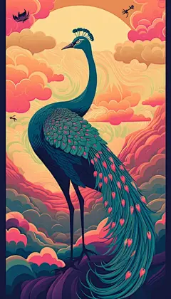 国潮山水孔雀国潮风国潮祥云插画图片
