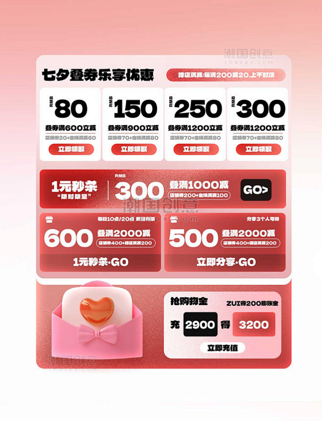 七夕情人节红色系情人节电商促销优惠券模板...