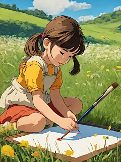 吉卜力风草地上画画的女孩AI数字艺术