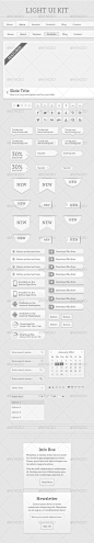 光uikit——用户界面网络元素Light Ui Kit - User Interfaces Web Elements徽章,按钮,日历,叫aciton,滑块内容,下载,表单元素,灰色、灰色、光、导航、通知、评级,丝带,搜索、社交媒体、商店,工具提示 badge, button, calender, call to aciton, content slider, download, form elements, gray, grey, light, navigation, notification, rat