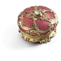 A Fabergé gold and enamel bell push, Workmaster Henrik Wigström, St Petersburg, 1908-1917. In Rococo taste, of circular cushion form, the surface enamelled in translucent rose Pompadour over moiré engine-turning, overlaid with gold scroll and floral cagew