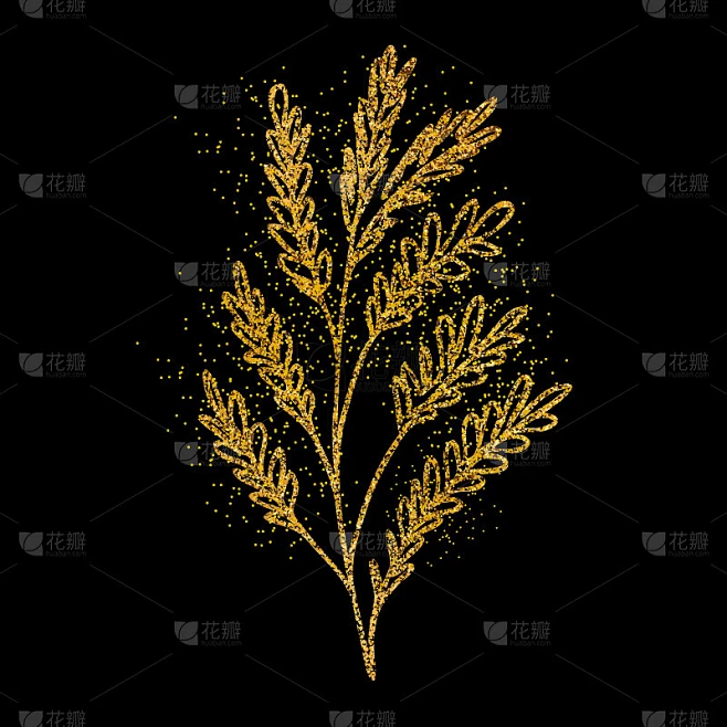 手绘抽象金枝与闪光效果。豪华花卉矢量插图。装饰枝孤立在黑色背景上。秋天和夏天的叶子图标。涂鸦风格。素材-花瓣网