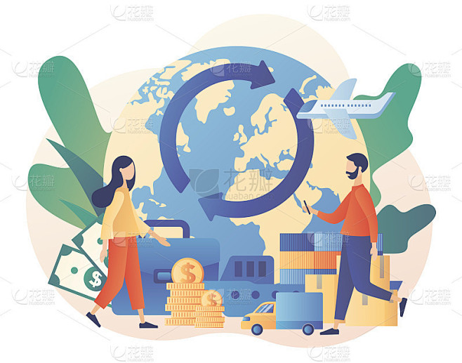 进口和出口概念。物流业务。全球贸易。小人商人在全世界销售商品和服务。现代平面卡通风格。矢量插图上的白