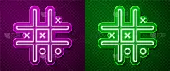 闪动的霓虹灯线Tic tac - toe游戏图标孤立在紫色和绿色的背景。向量