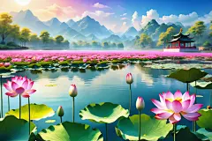 湖面花瓣鲜艳荷花荷叶插画图片
