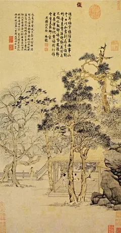 （明）文征明《古树茅堂图》，66.7X34.8cm， 台北故宫博物院