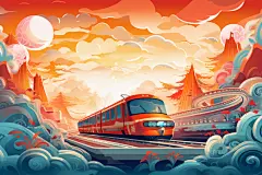 铁路铁轨国潮春运喜庆火车插画