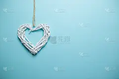 贺卡,木制,柳条,留白,情人节,动物心脏,白色,蓝色背景,绳子,巨大的