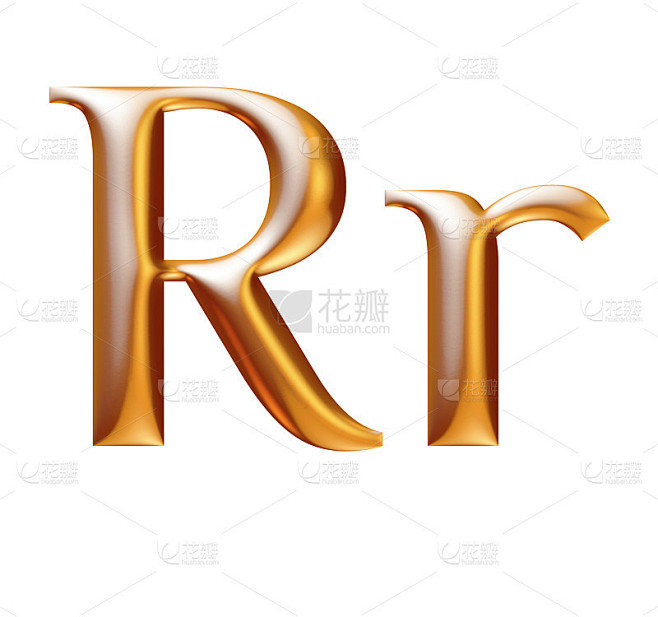 金色金属字母，字母r，小写和大写，3d插图