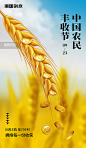 中国农民丰收季创意金黄色麦穗金币简约海报图片_潮国创意