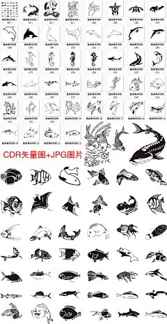 鱼类海洋动物类鲨鱼海豚海龟图腾纹身图案黑白雕刻矢量素材