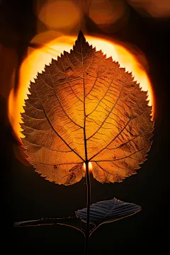夕阳照亮的一片树叶摄影图片