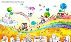 彩虹上骑车环境插画PSD分层素材|奔跑|彩虹桥|插画|场所|房子|滑板|环境|降落伞|卡漫|卡通人物|绿色|漫画人物|梦境游乐园|骑车环境插画|人物|植物