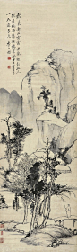 查士标·1673年作《秋山策杖》【秋气却山容，霜林乱缀红。幽人躭远眺，访隐过桥东】人物山水立轴欣赏  |  清|查士标(1615--1698)，字二瞻，号梅壑散人，懒老。新安(今安徽歙县休宁)人，流寓江苏扬州。精鉴别，擅画山水，为海阳四家之一。清初著名画家，书法家和诗人。与孙逸、汪之瑞、僧弘仁等书画家一起被称为"新安四家"。