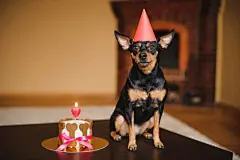 点击来源直接获取大图文件 |戴着生日帽的玩具梗犬与狗蛋糕