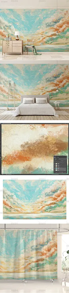 创意手绘撞色彩色云朵天空背景墙窗帘装饰画