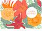 Happy Summer Tropical Greeting Card Set : Created as a set for IndieGiftBox, this pair of cards includes a full-bleed floral card, and an accompanying thank you note with spot illustration.