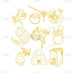 采购产品蜂蜜素描集，蜜蜂蜂窝，蜂蜜罐，桶，壶，勺子和花手绘有机产品的标志。 黑色轮廓雕刻元素。 复古
