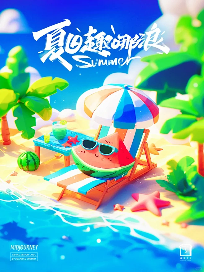 核心提示词： 生成可爱拟人风格的提示词：Popmart toy style / cartoon style 夏日元素： summer day ...