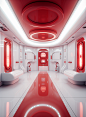 Entrance hall of future spacecraft, deep white and red, realistic color scheme, skincare lab, vibrant illustrations, rendered cinema4d style, lit with red, in Art Deco style, straight line form, filled with light, security camera