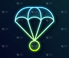 发光的霓虹线降落伞图标孤立在黑色背景。极限运动。运动设备。向量