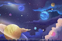 唯美宇宙插画星空风景夜晚手绘星球蓝色系梦幻太空唯美插画风景