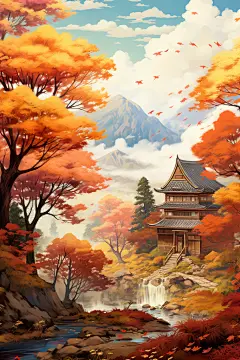 金秋枫叶红叶秋天秋季唯美风景插画