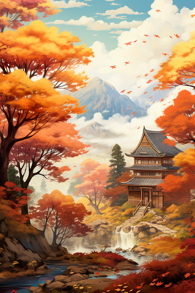 金秋枫叶红叶秋天秋季唯美风景插画
